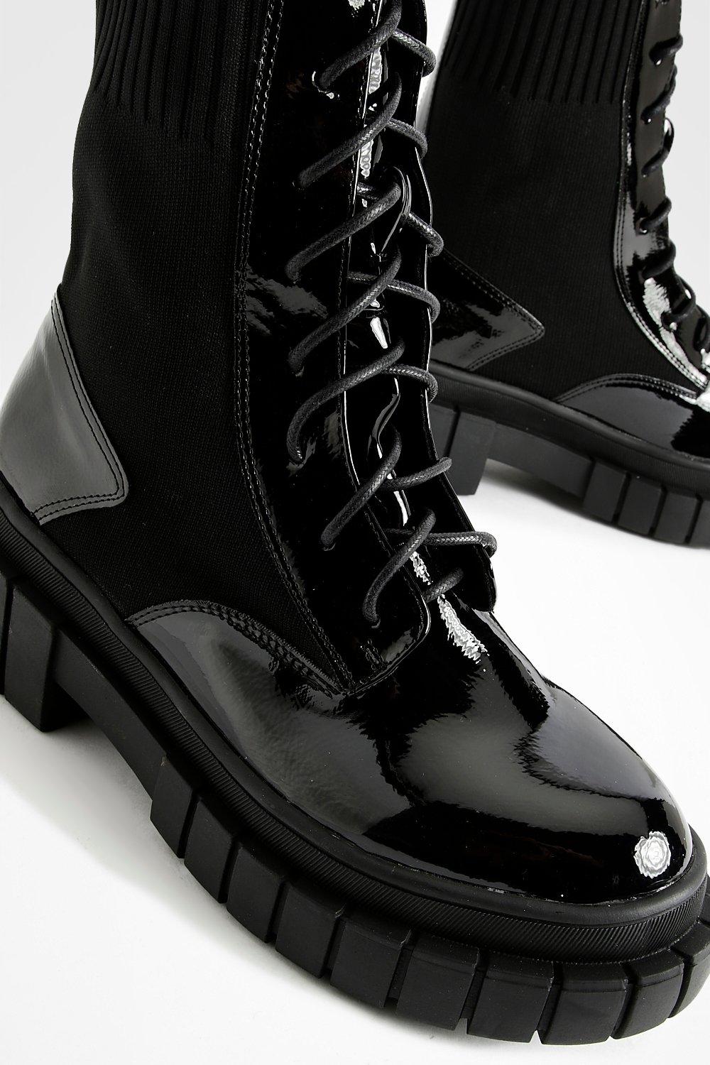 Patent Stepped Sole Biker Boots boohoo IE