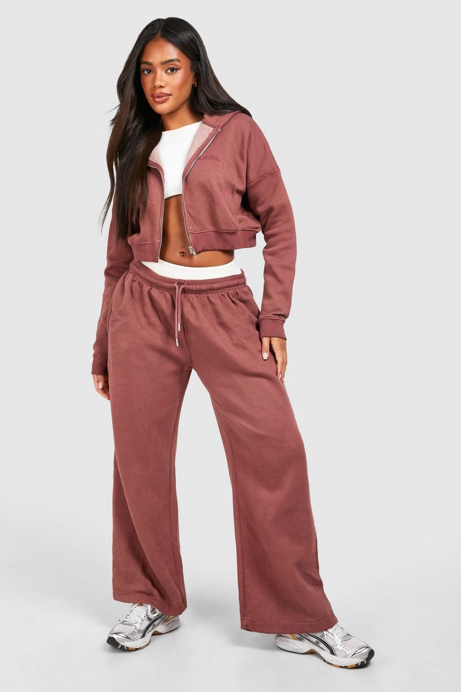 Chocolate Overdyed Cropped Zip Through Hooded Tracksuit image number 1