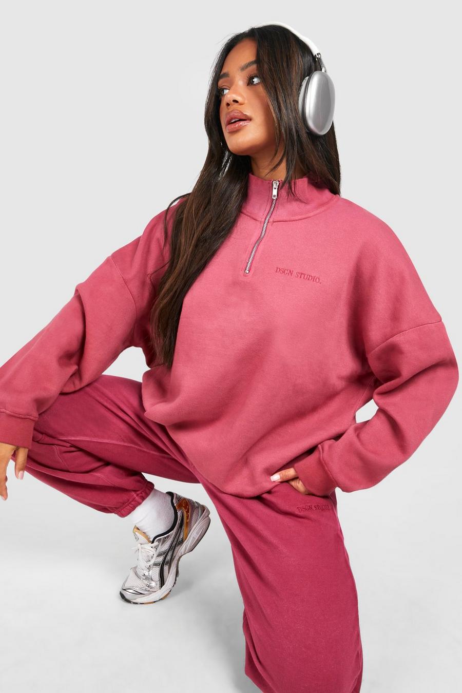 Oversize Sweatshirt-Trainingsanzug mit halbem Reißverschluss, Berry