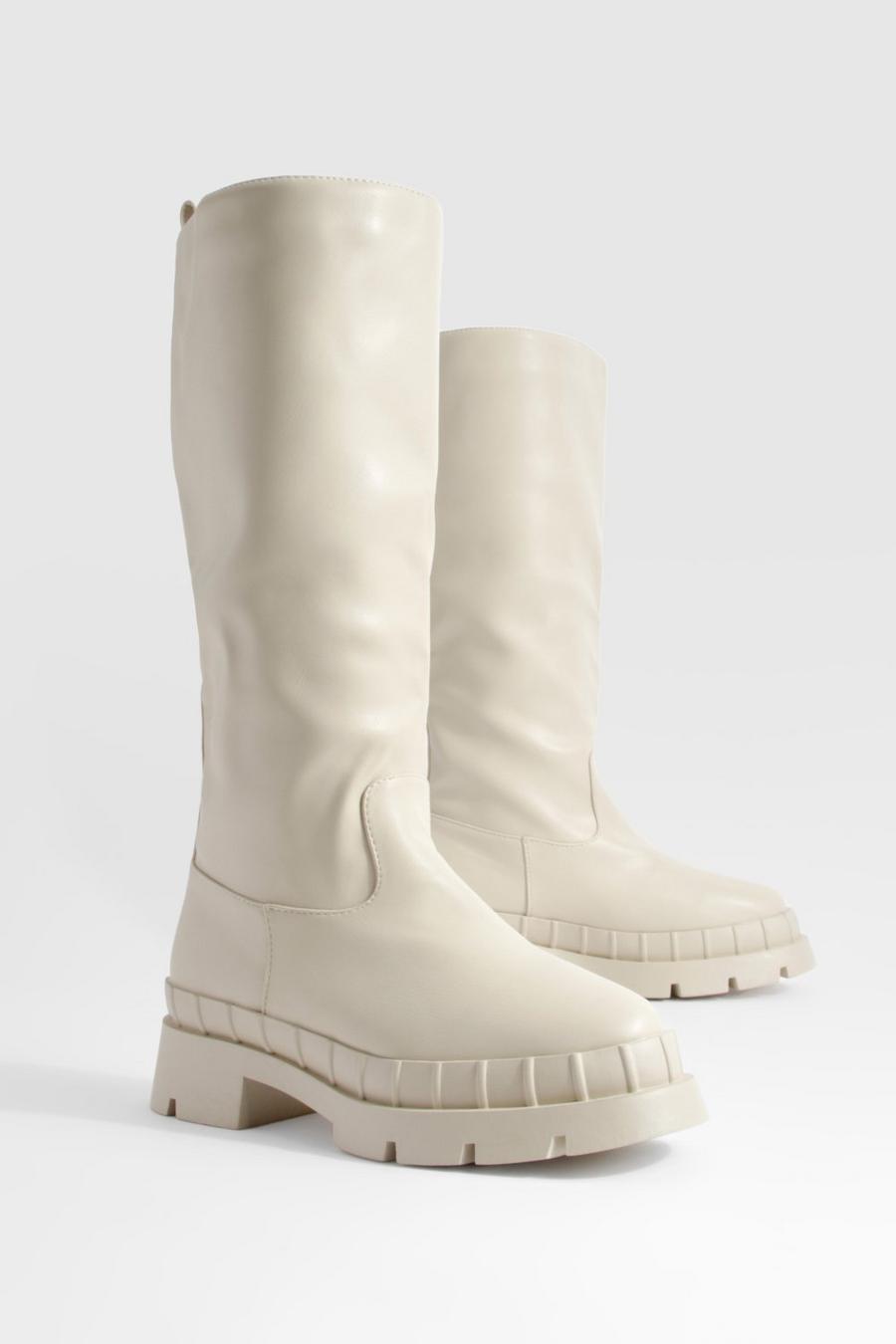 Ecru white Wide Fit Chunky Sole Knee High Pull On Boots 
