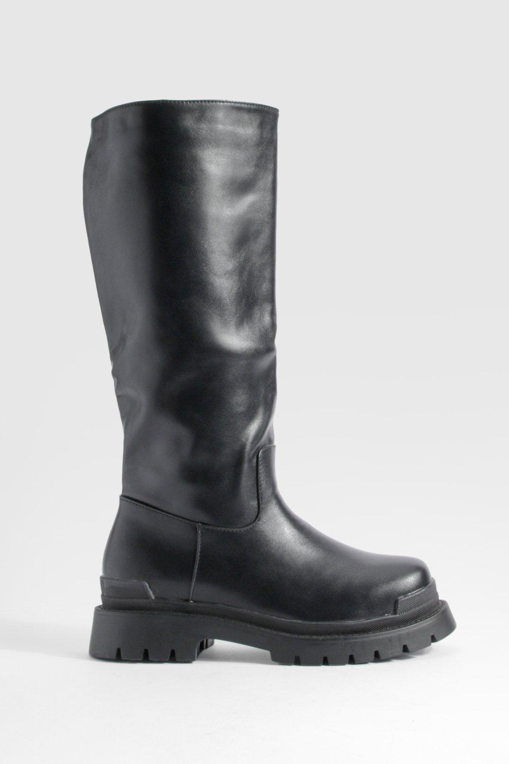 Wide Fit Chunky Sole Knee High Pull On Boots boohoo