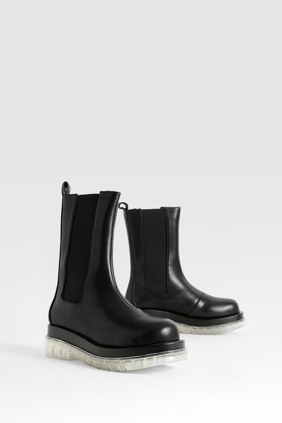 Black svart Contrast Sole Calf High Chelsea Boots