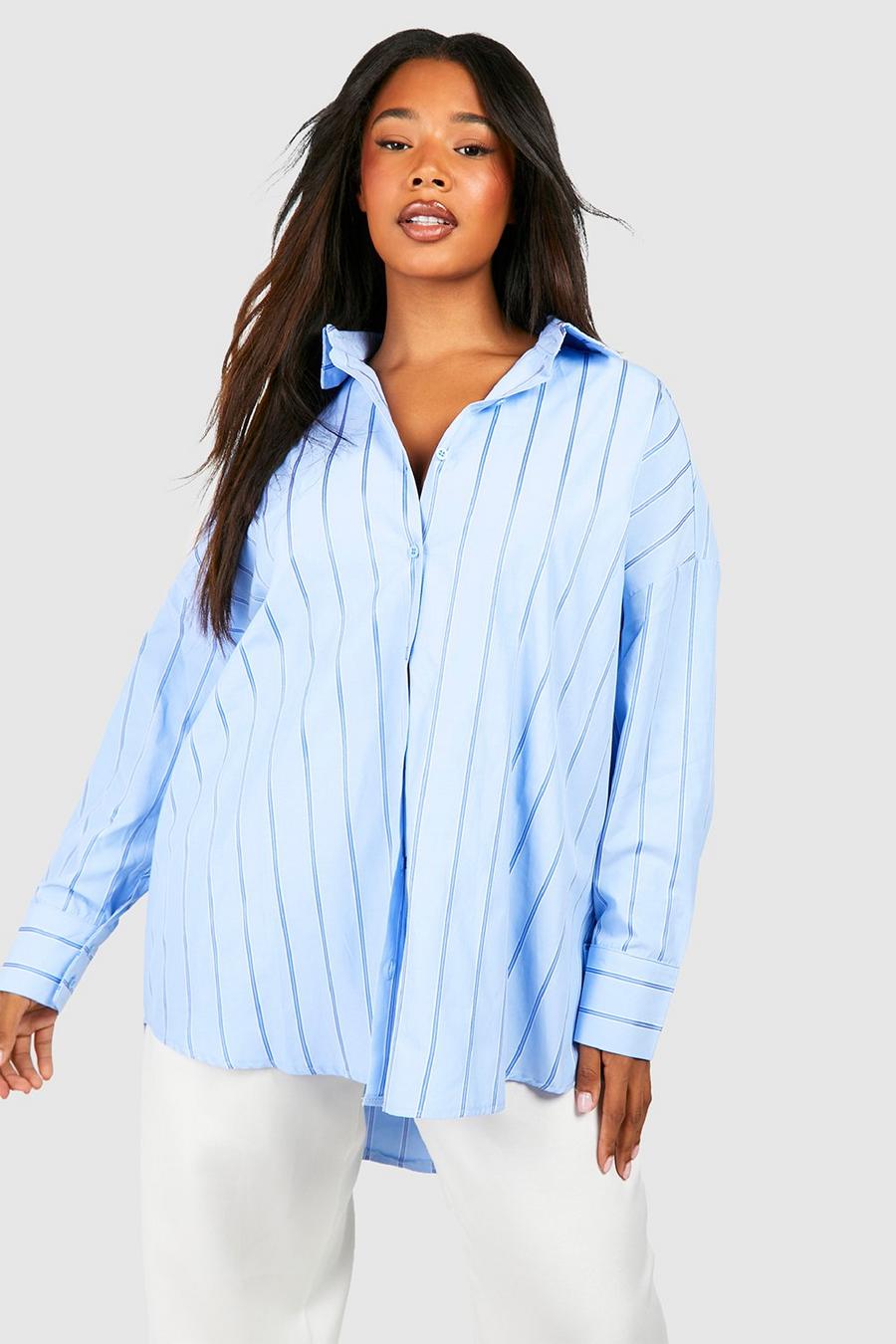 Blue Plus Oversized Striped Drop Shoulder Shirt image number 1