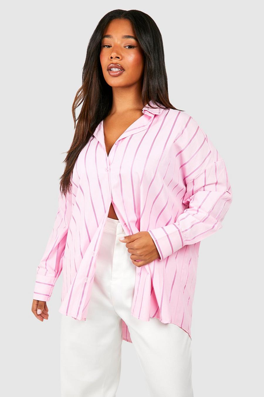 Camicia Plus Size oversize a righe con spalle scese, Pink image number 1