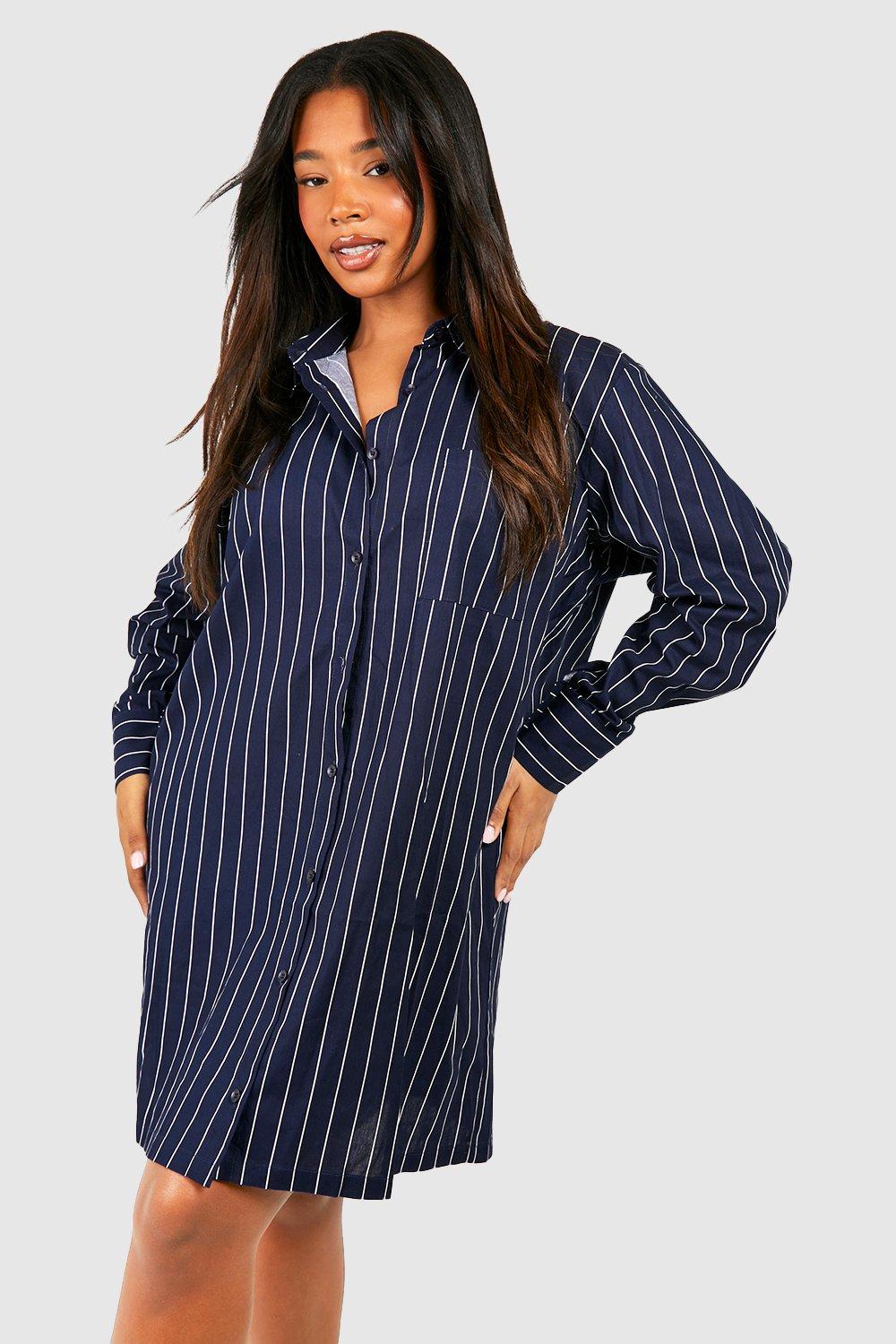 Navy and white store striped shirt dress