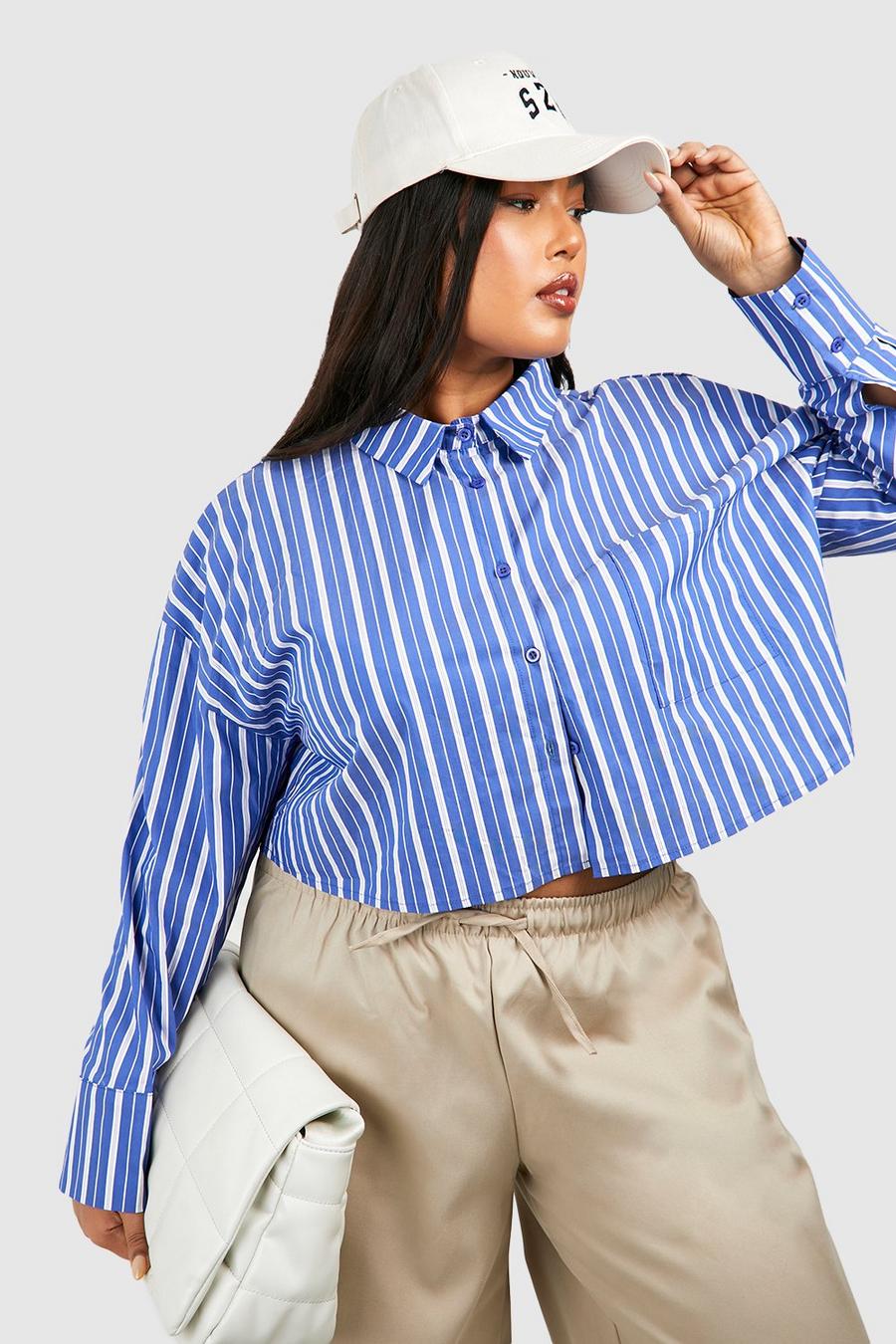 Navy Plus Striped Boxy Cropped Shirt image number 1