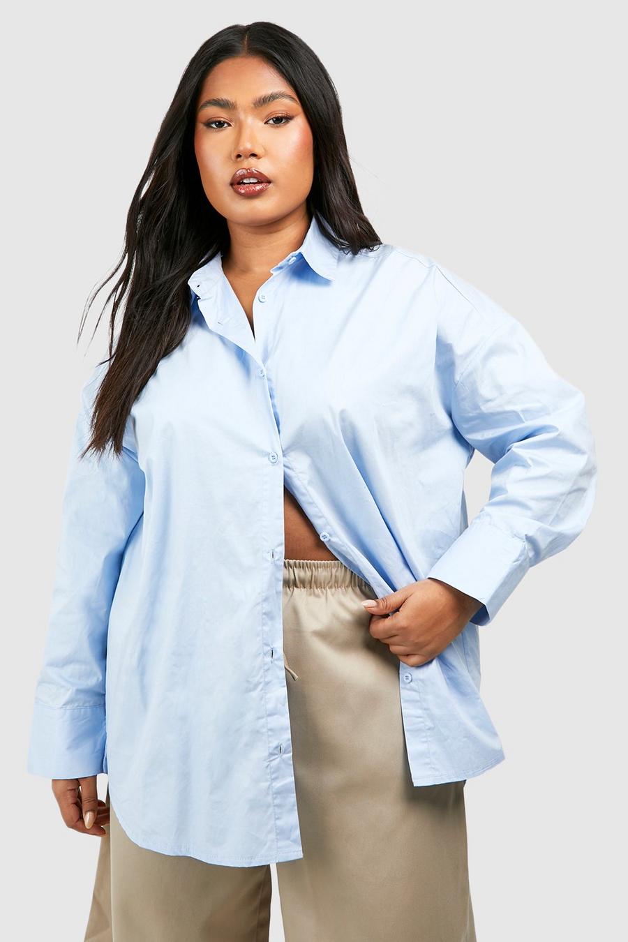 Camicia Plus Size oversize in cotone popeline, Blue