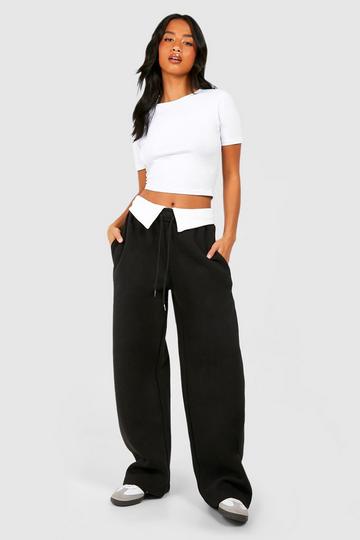 Petite Contrasterende Wide Leg Joggingbroek Met Gevouwen Tailleband black