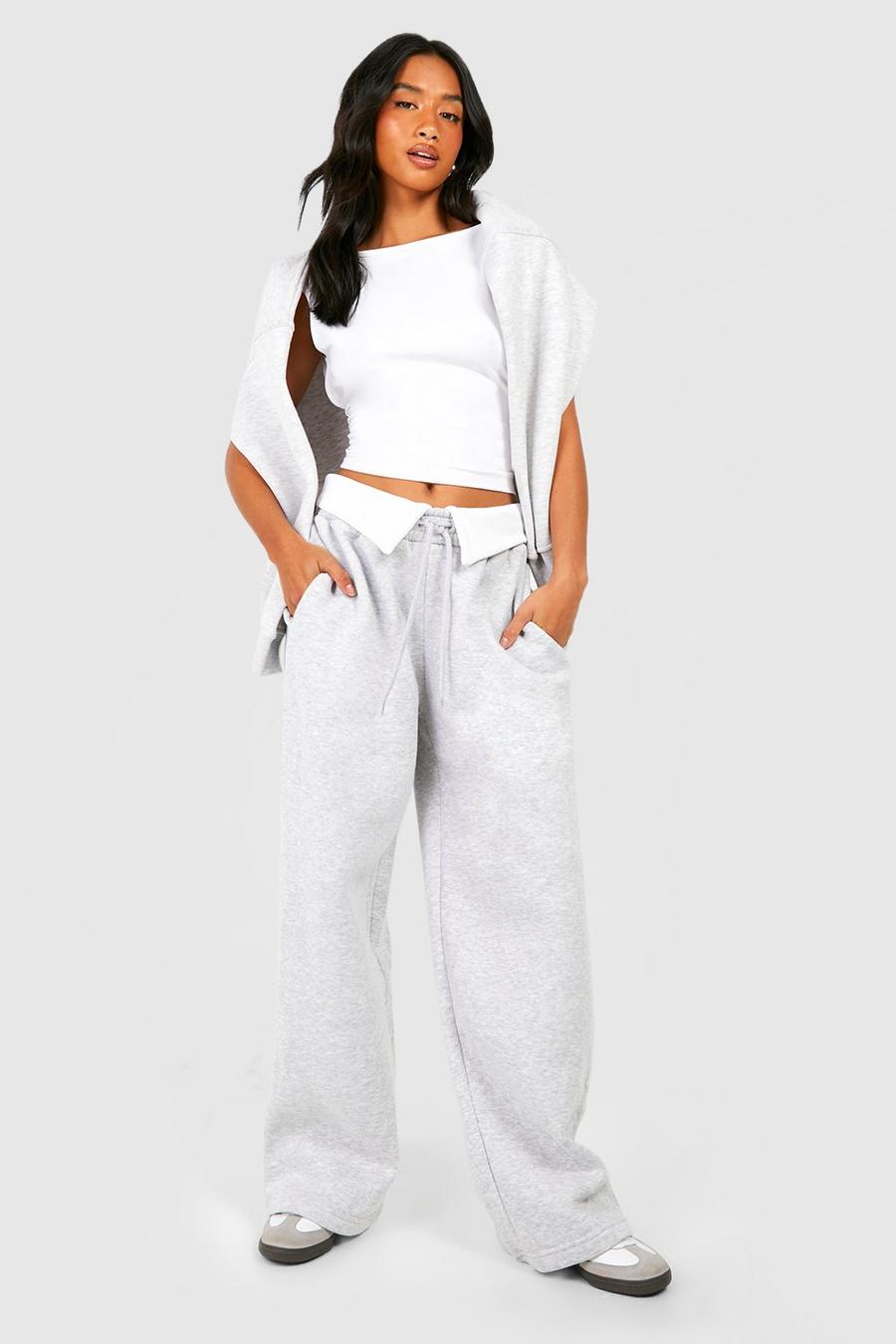 Grey Petite Contrast Folded Waistband Wide Leg Track Pants image number 1