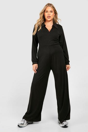 Plus Soft Rib Collared Tie Belt Jumpsuit black