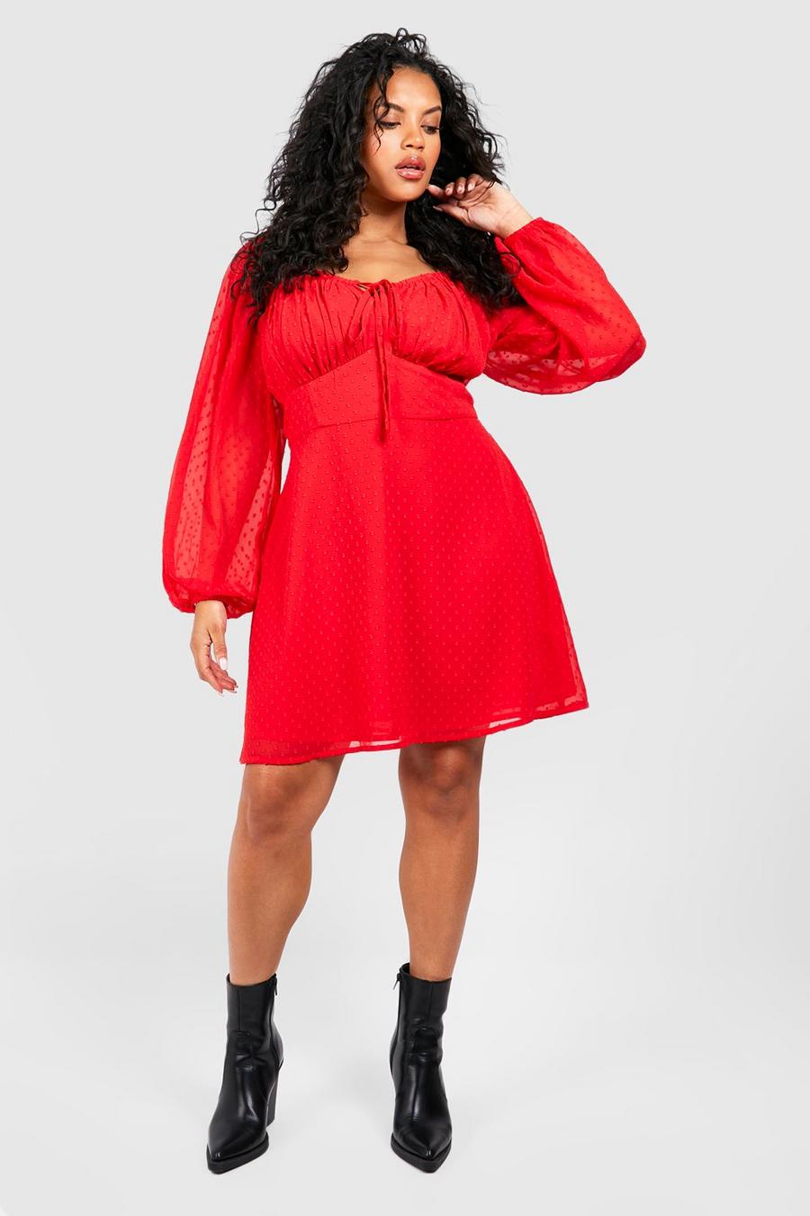 Red Plus Dobby Blouson Sleeve Skater Dress