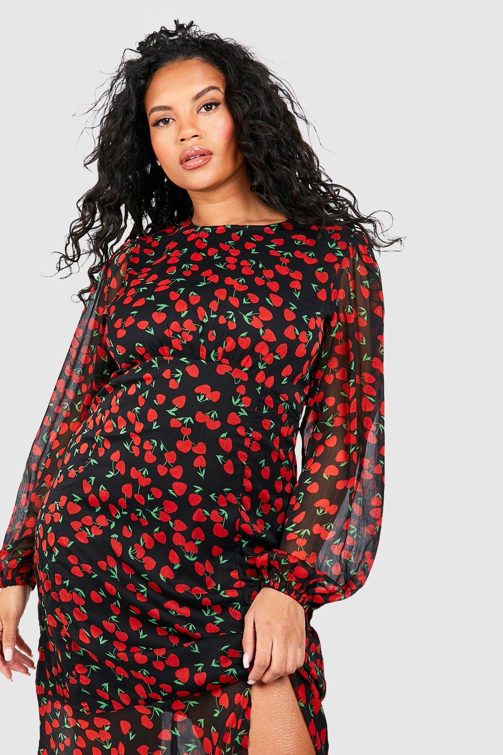 Women's Plus Cherry Print Lined Midaxi Dress | Boohoo UK