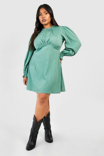 Khaki Plus Texured High Neck Blouson Sleeve Skater Dress