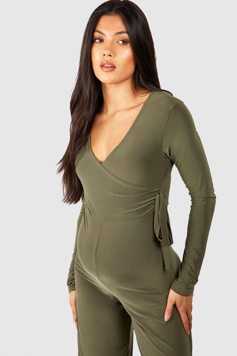 Petite Khaki Strappy Wrap Jumpsuit