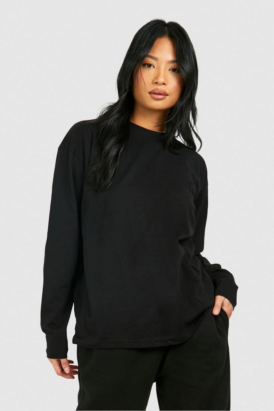 Black Petite Basic Oversized Katoenen T-Shirt Met Lange Mouwen image number 1
