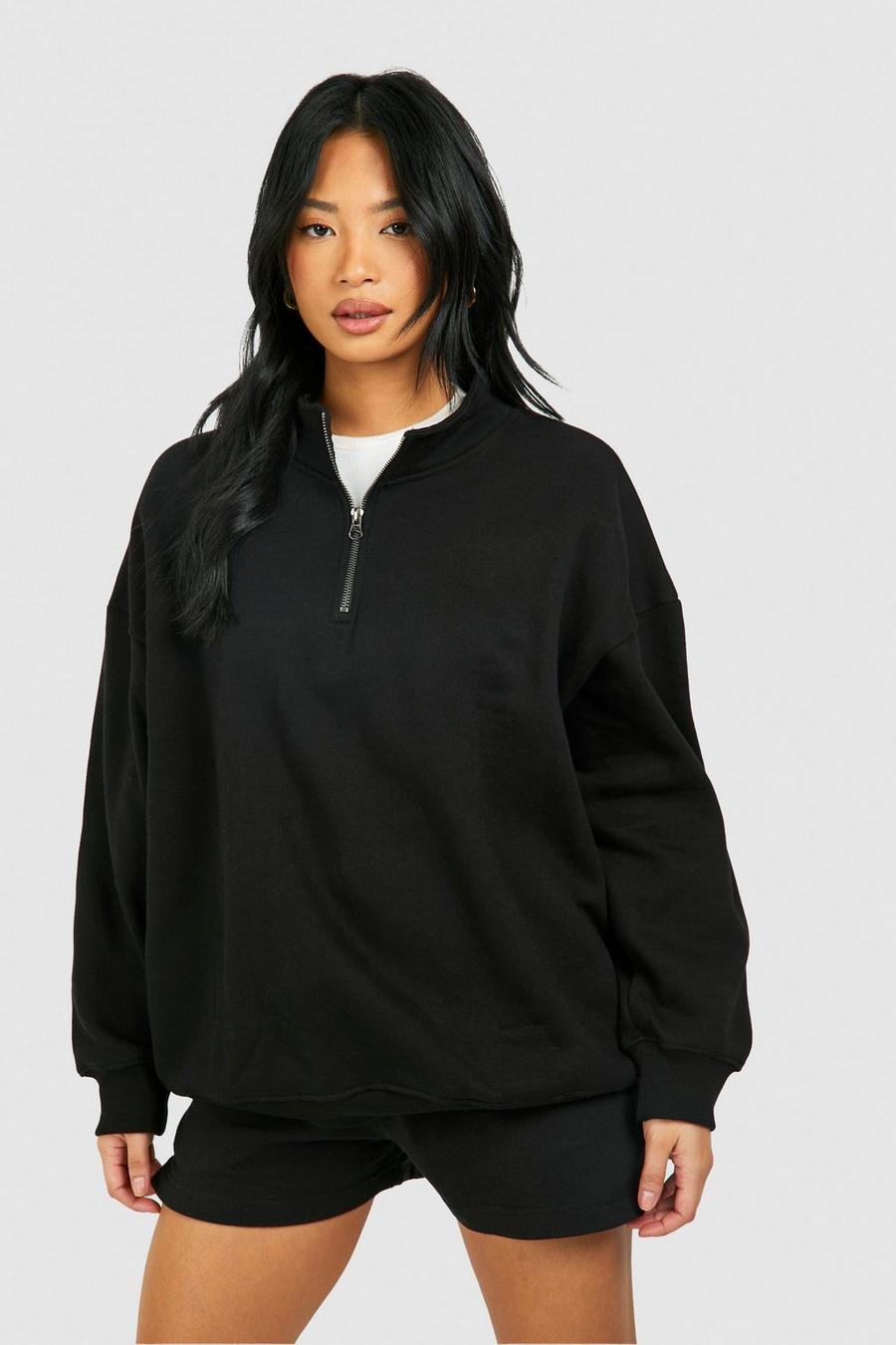 Petite Basic Oversize Sweatshirt mit halbem Reißverschluss, Black image number 1