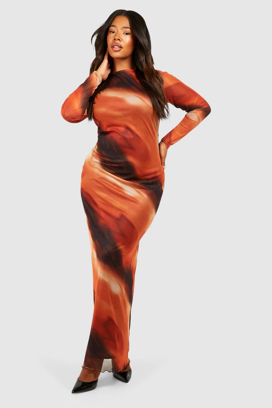 Brown Plus Ombre Mesh Low Back Maxi Dress image number 1