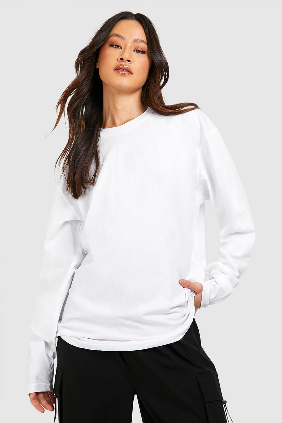 White Tall Basic Oversized Katoenen T-Shirt Met Lange Mouwen image number 1