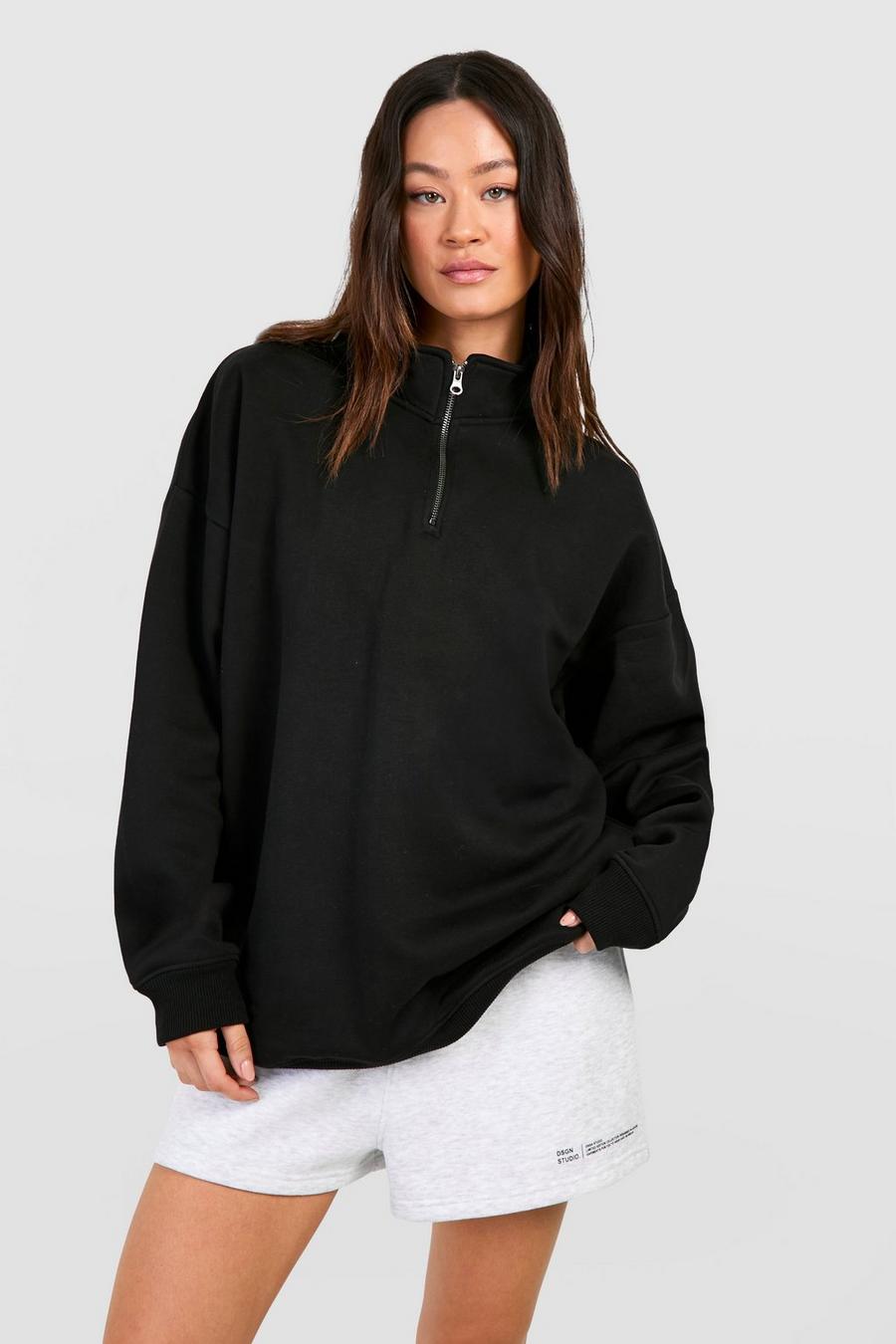 Tall Basic Oversize Sweatshirt mit halbem Reißverschluss, Black image number 1