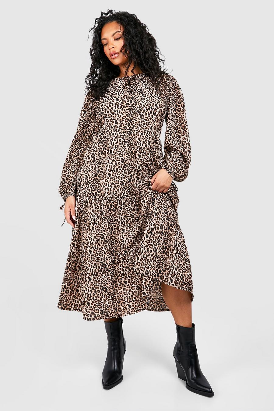 Vestido Plus midi de tela con estampado de leopardo, Leopard