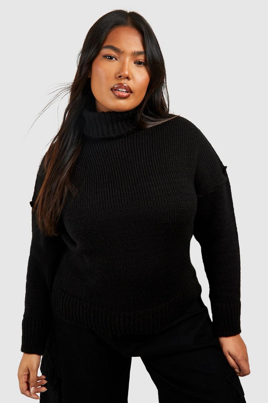 Maglione Plus Size in maglia morbida con collo alto, Black