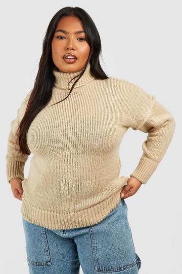 Stone Beige Plus Soft Knit Turtleneck Sweater