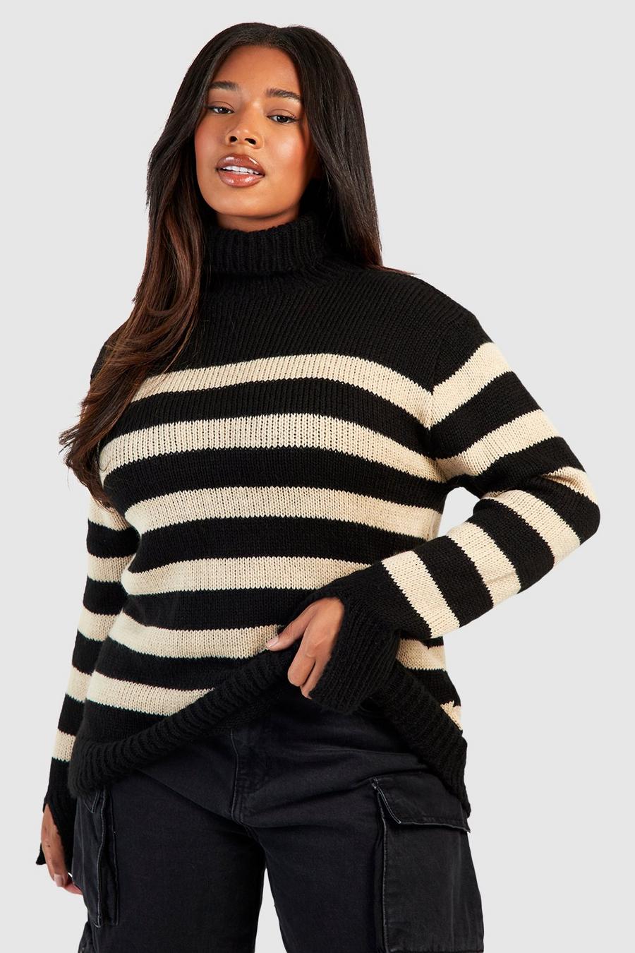 Plus hochgeschlossener Pullover mit Streifen, Black