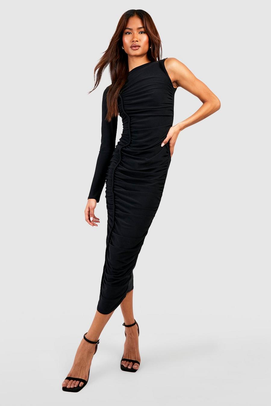 Black Tall Premium Slinky Asymetric Ruched Midi Dress image number 1