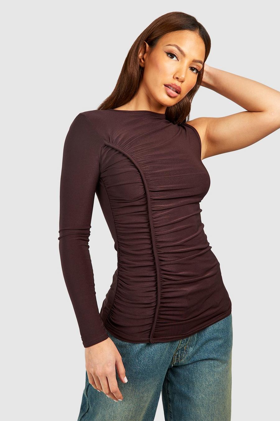 Chocolate Tall Premium Slinky Asymetric Ruched Fitted Top image number 1