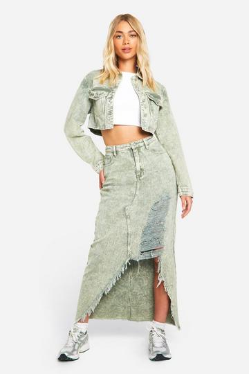 Washed Khaki Acid Wash Distressed Denim Maxi Skirt washed khaki