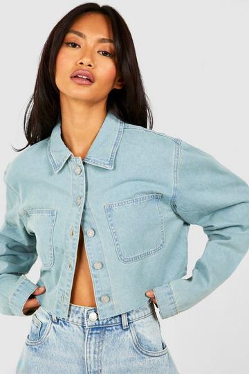 Bleach Wash Raw Hem Cropped Denim Shirt bleach wash