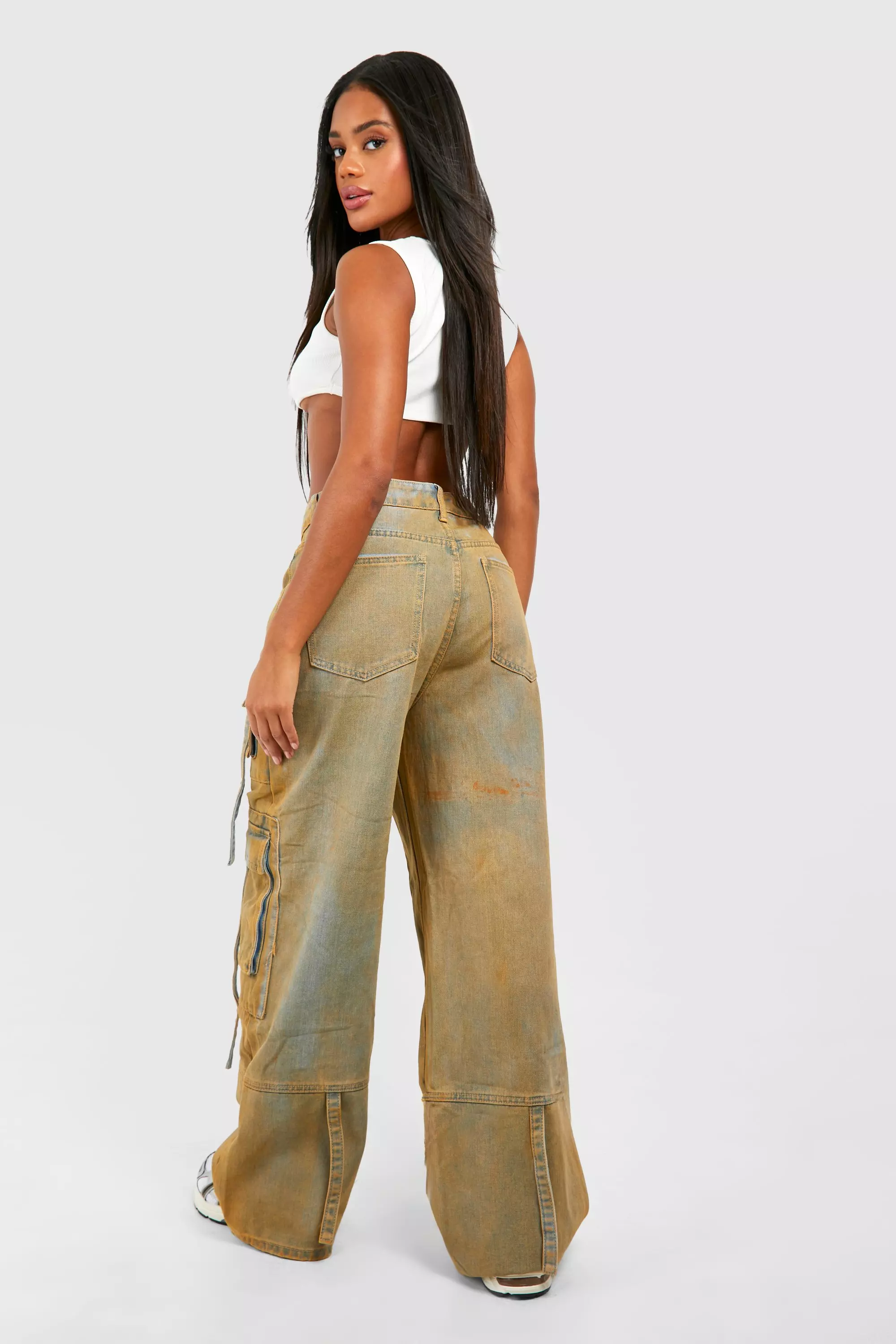 Brown Dirty Wash Multi Pocket Wide Leg Cargo Jeans alternative image