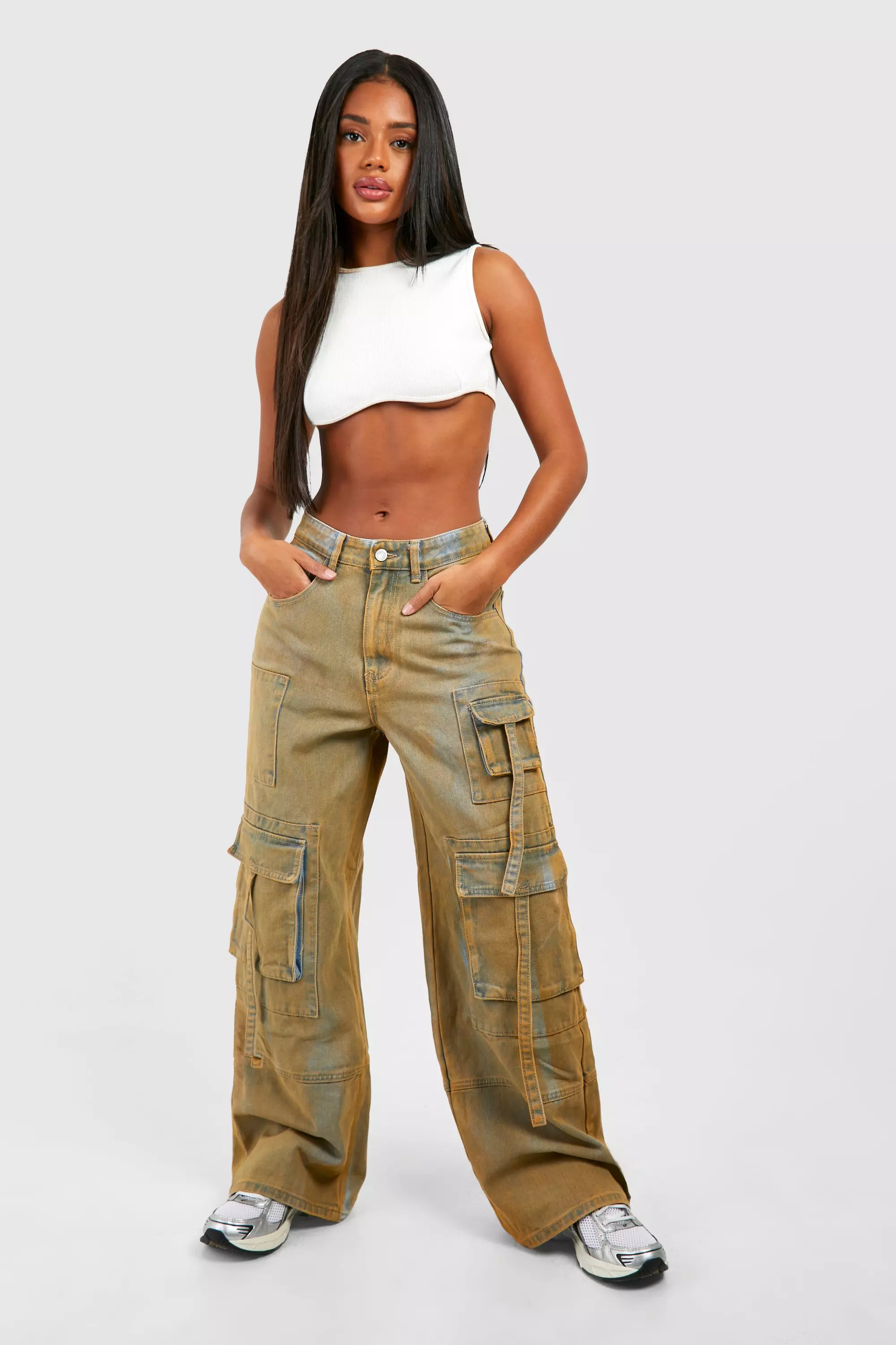 Brown Dirty Wash Multi Pocket Wide Leg Cargo Jeans alternative image