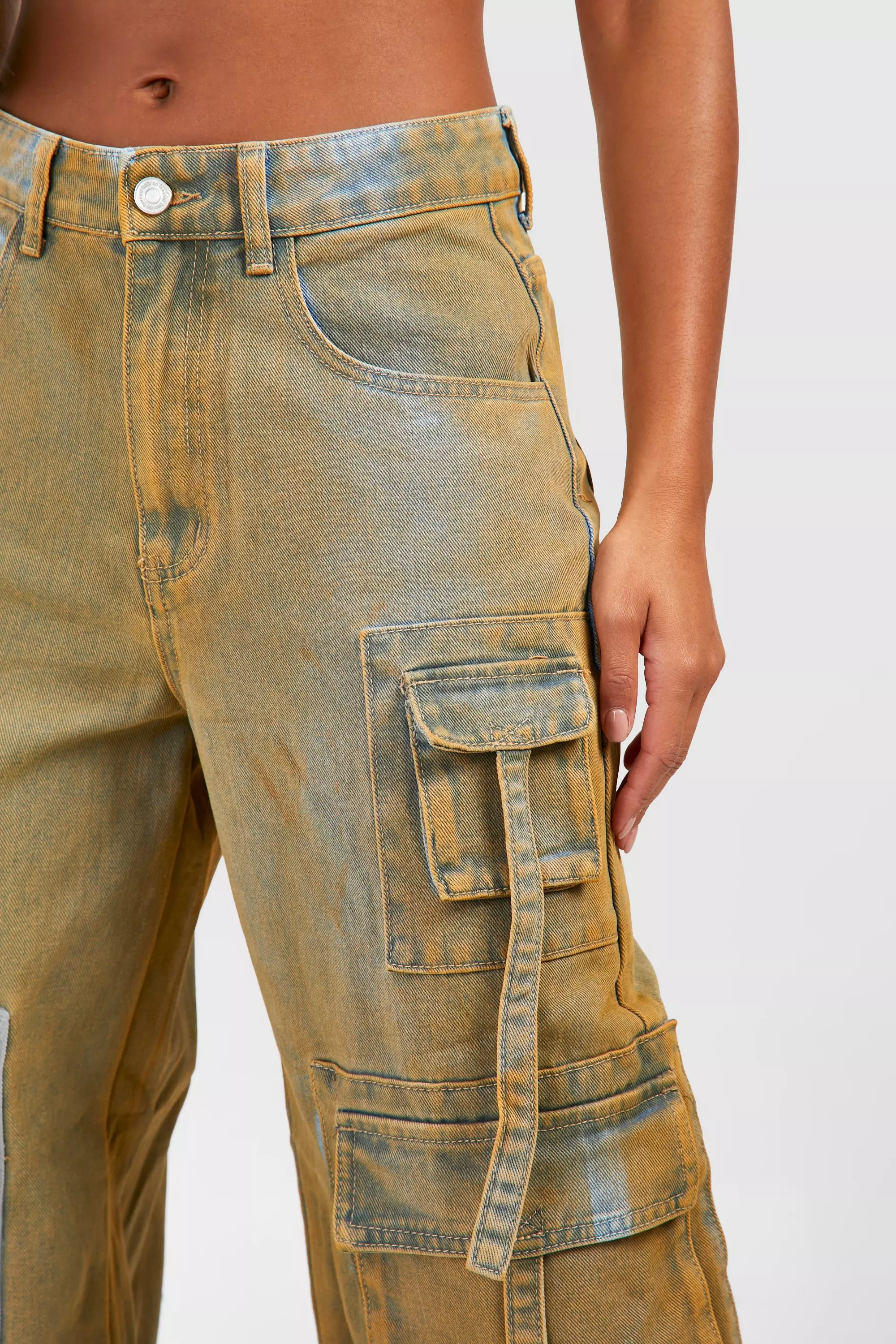 Brown Dirty Wash Multi Pocket Wide Leg Cargo Jeans alternative image