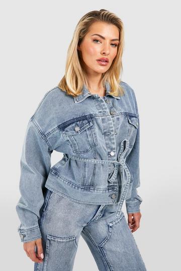 Tie Waist Crop Denim Trucker Jacket washed blue