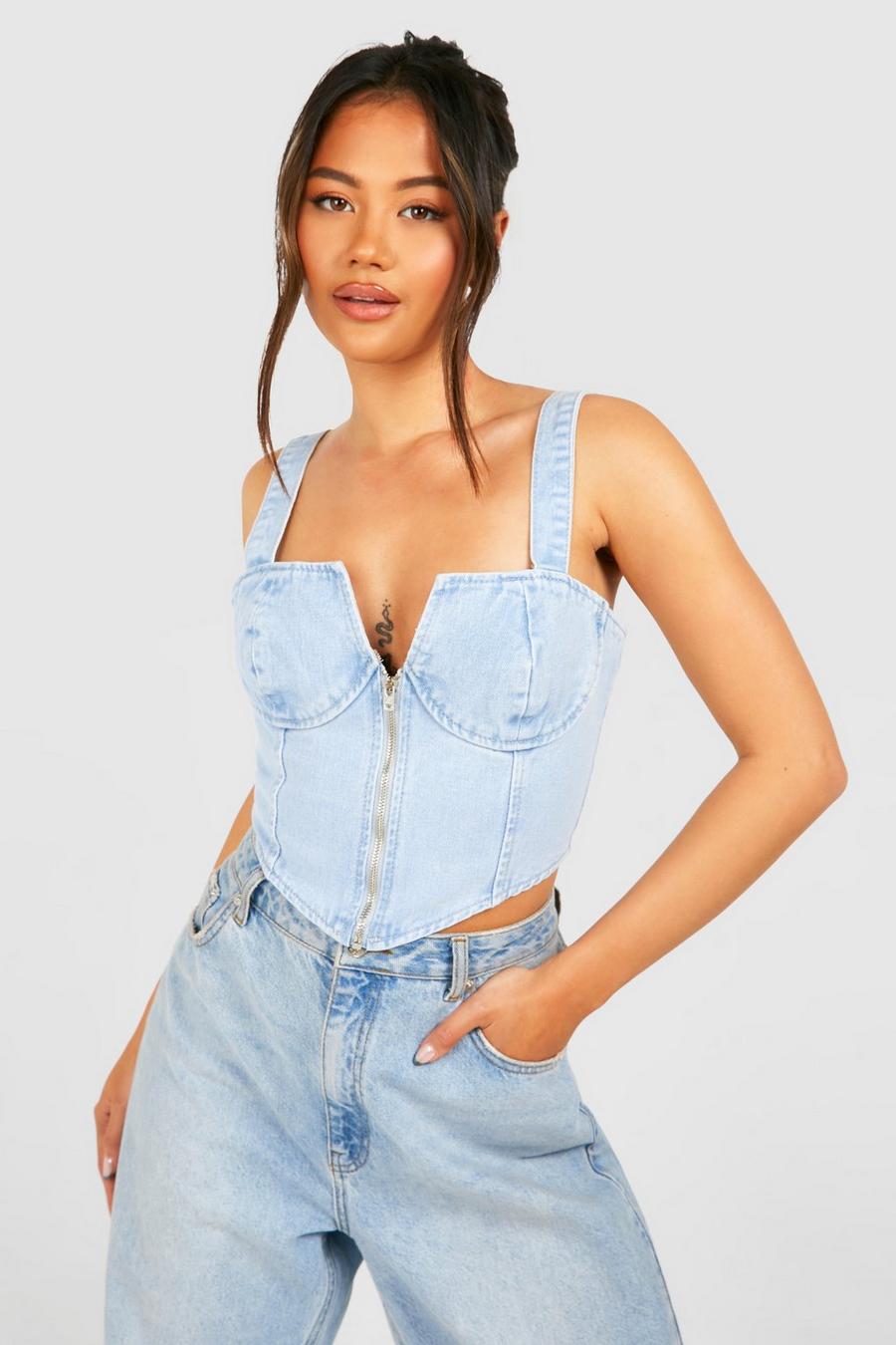 Top a corsetto in denim con zip, Light blue image number 1