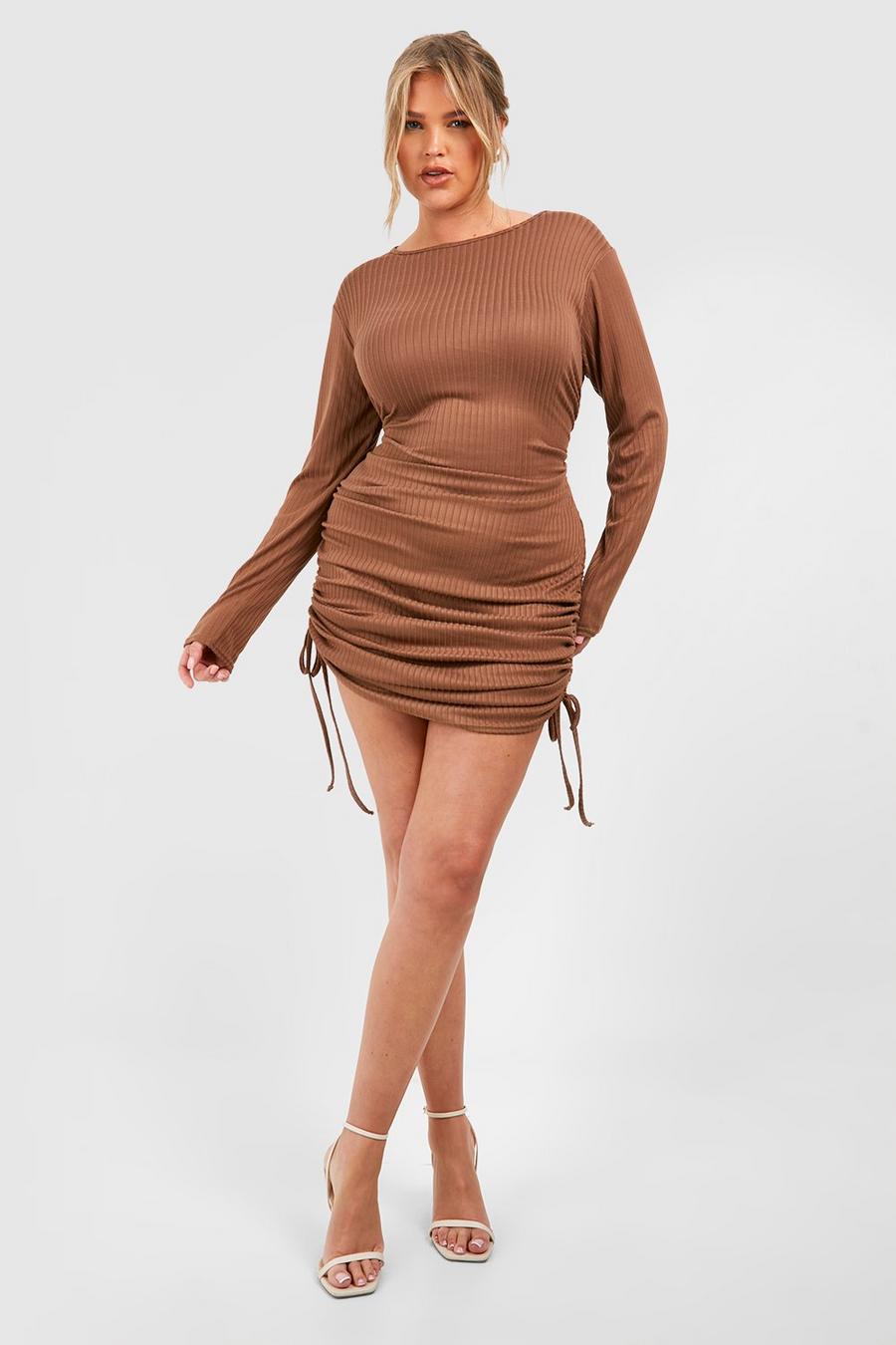 Miniabito Plus Size a coste ampie con ruches, Camel image number 1
