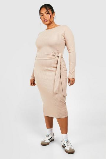 Plus Wide Rib Tie Midi Dress mocha