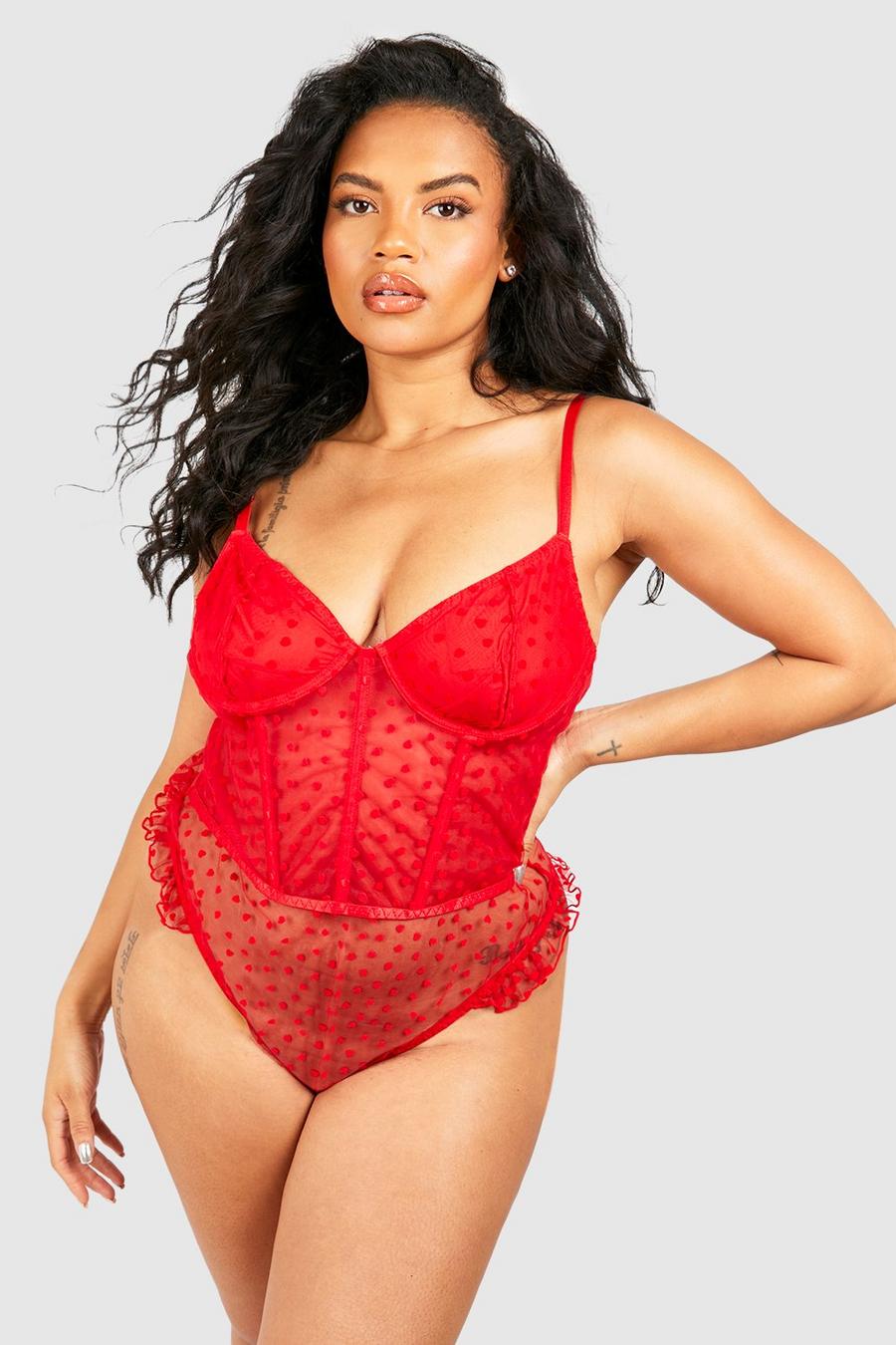Red Plus Mesh Heart Flocked Detail Body image number 1