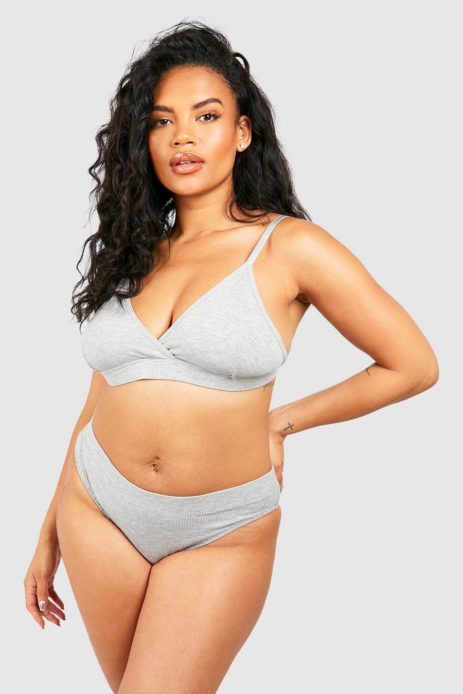 Set Plus Size bralette a triangolo a coste & slip, Grey image number 1