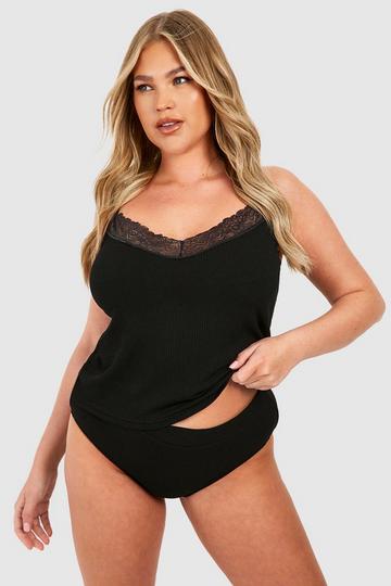 Plus Ribbed Cami & Brief Set black