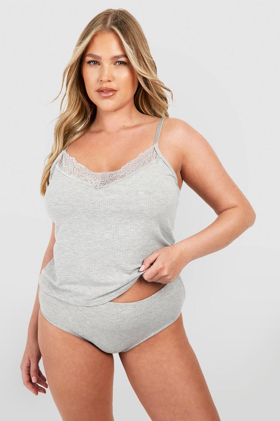 Set Plus Size smanicato a coste & slip, Grey marl image number 1