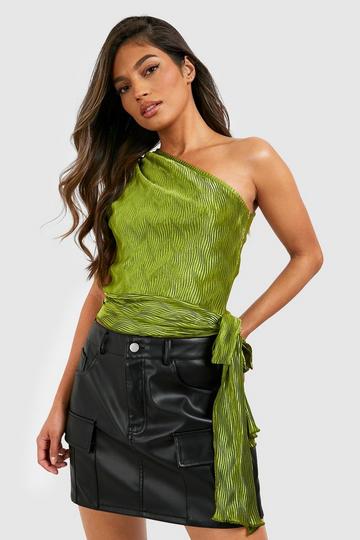 Plisse One Shoulder Tie Detail Top olive