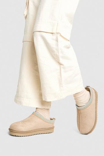 Embroidered Slip On Cosy Mules beige