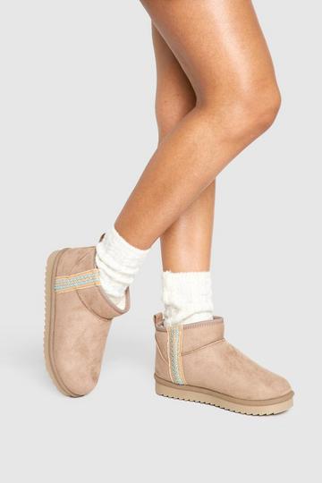 Embroidered Detail Ultra Mini Cosy Boots beige