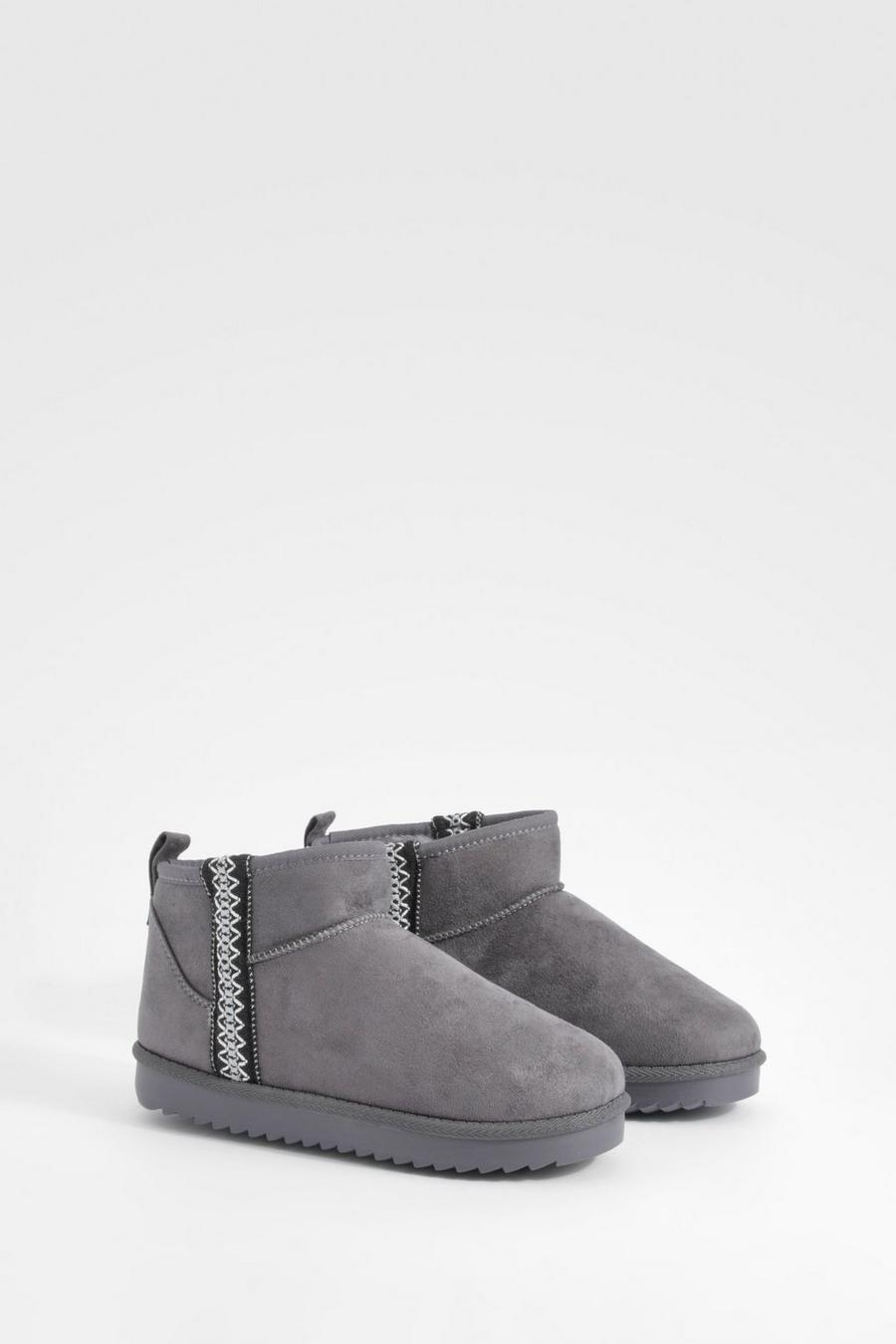 Grey Embroidered Detail Ultra Mini Cozy Boots