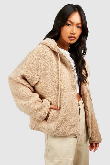 Hooded Teddy Faux Fur Jacket stone