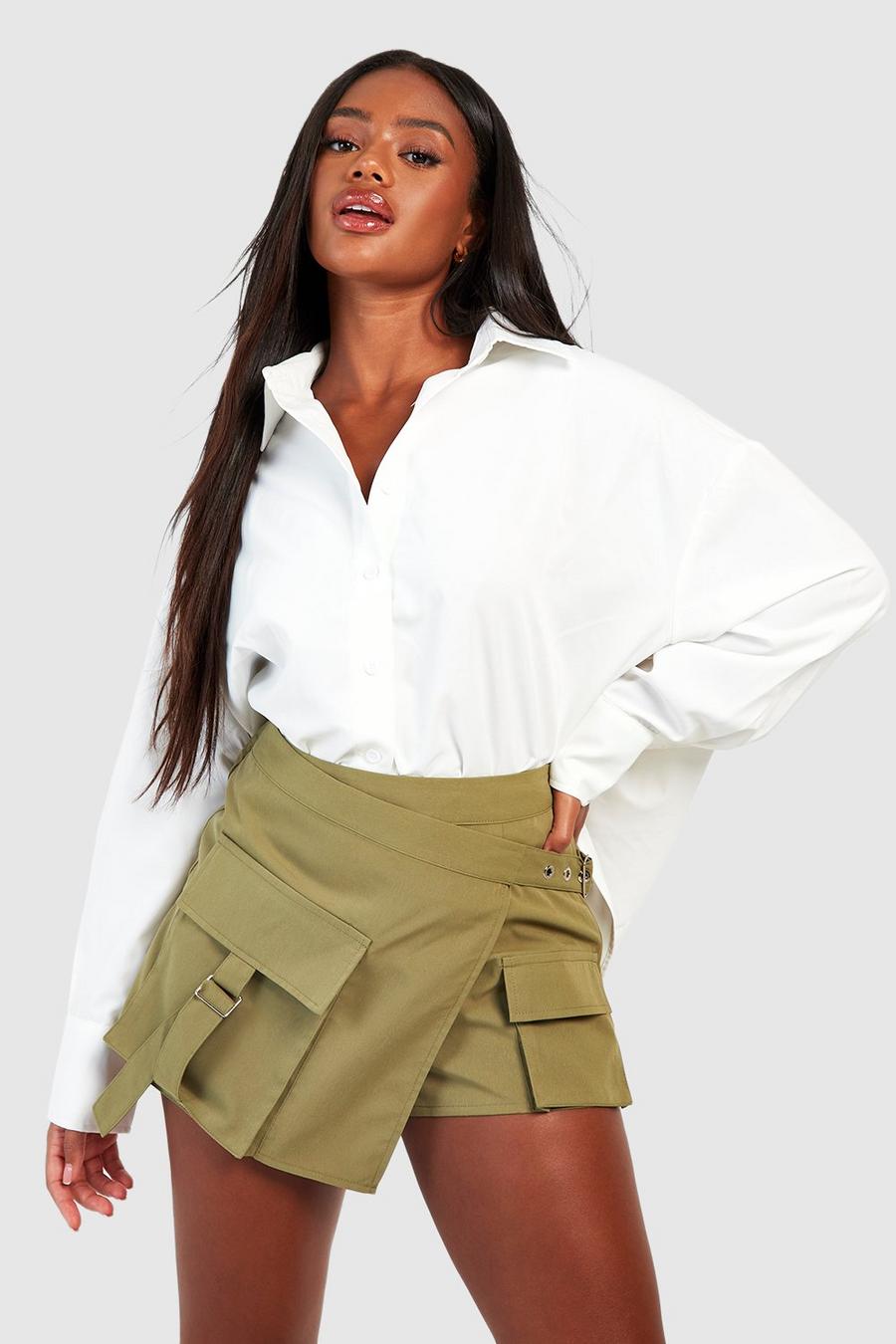 Falda pantalón cargo de tela cruzada, Khaki image number 1