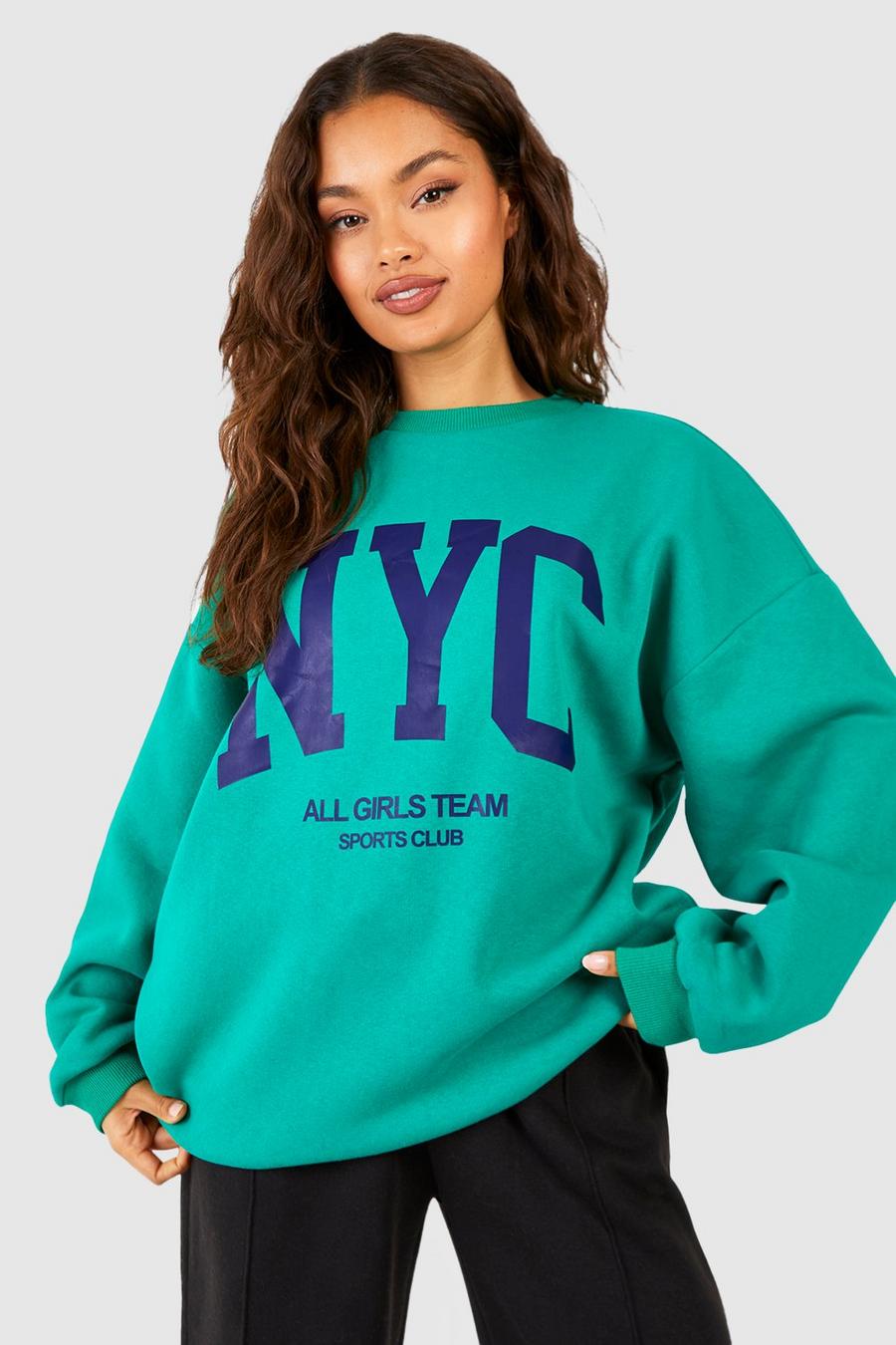 Felpa oversize con slogan NYC e zip corta, Green image number 1