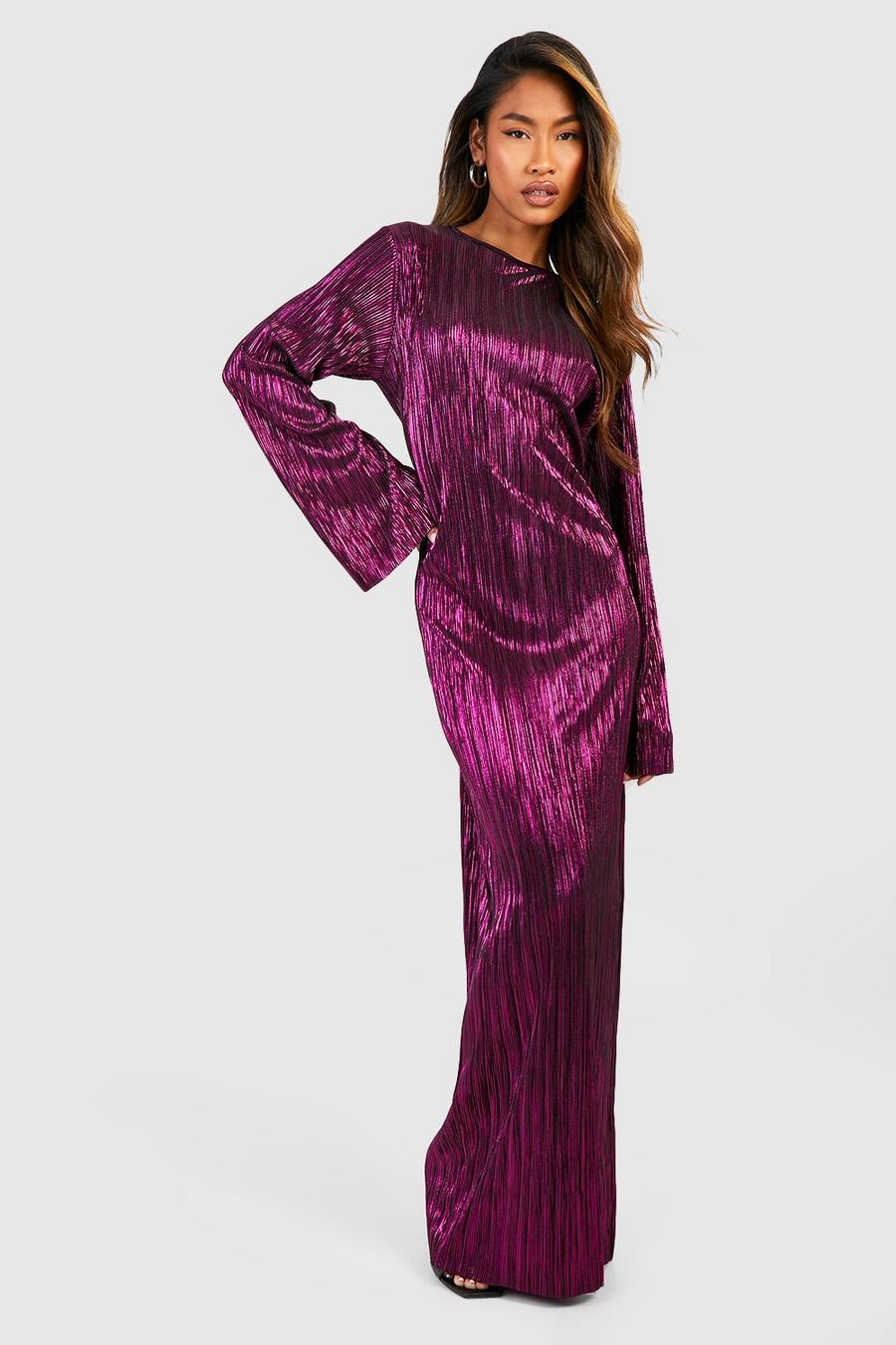 Pink Metallic Plisse Flare Sleeve Maxi Dress image number 1